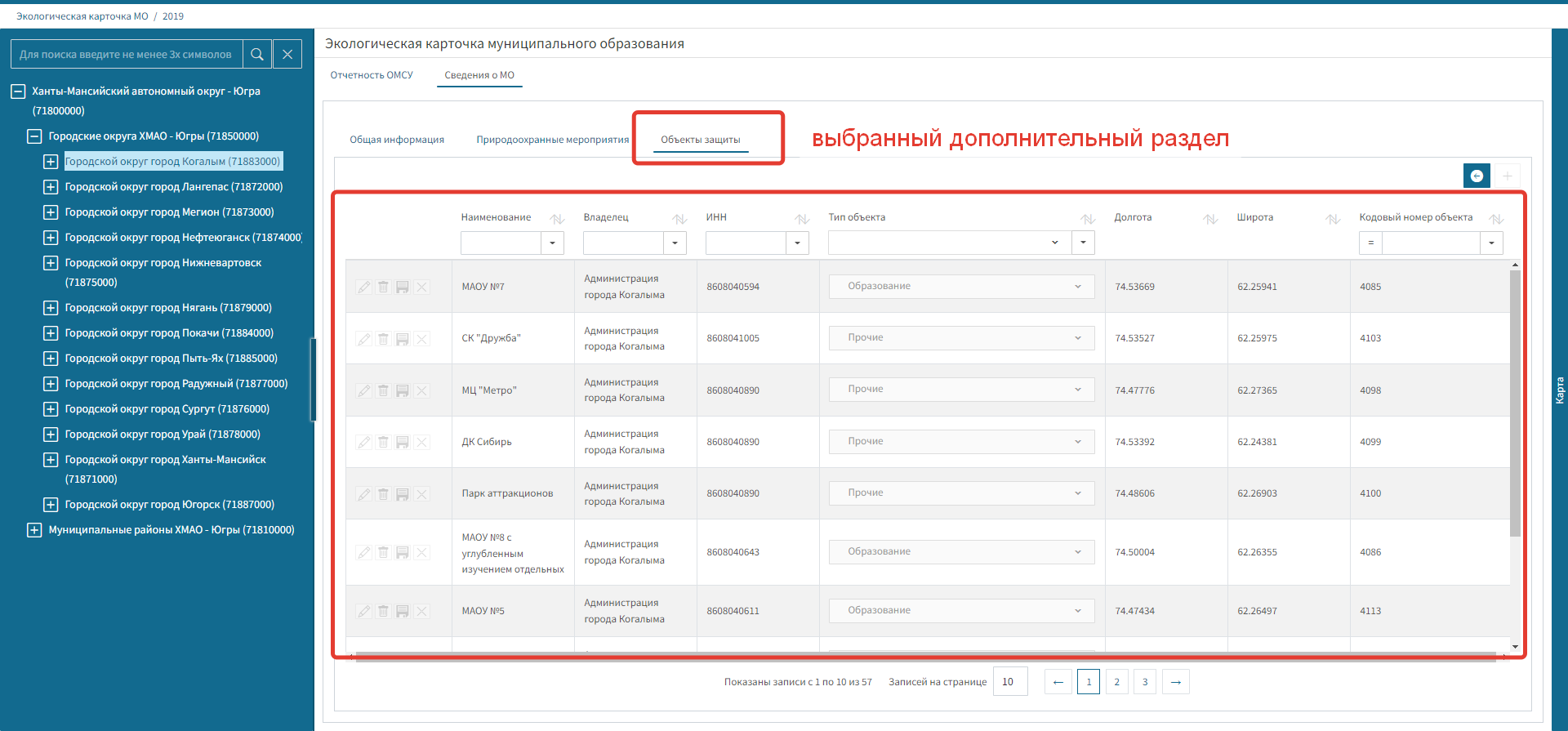 Пример таблицы в дополнительном разделе