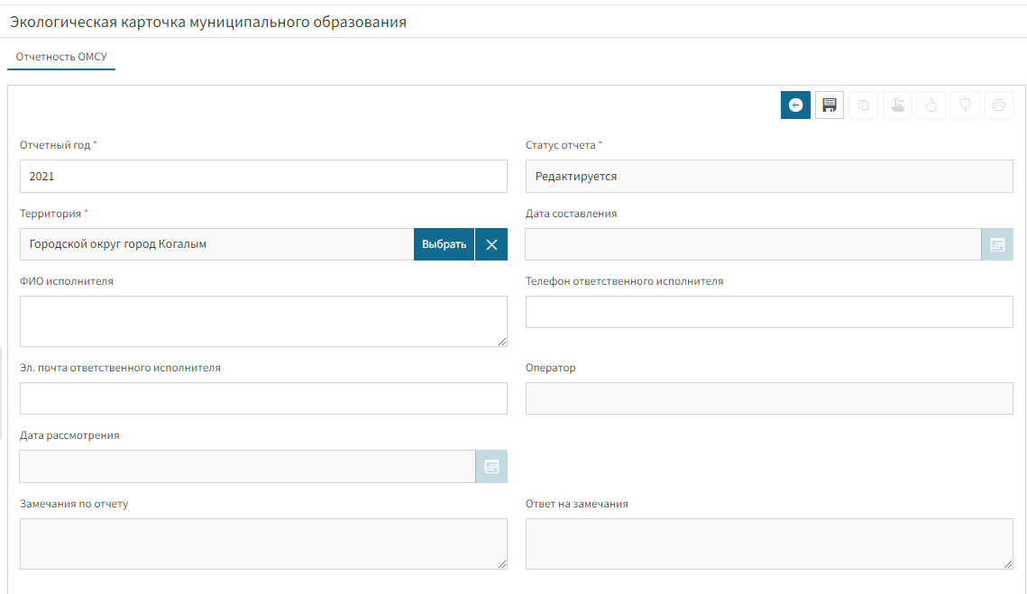 Пример пустой карточки отчета