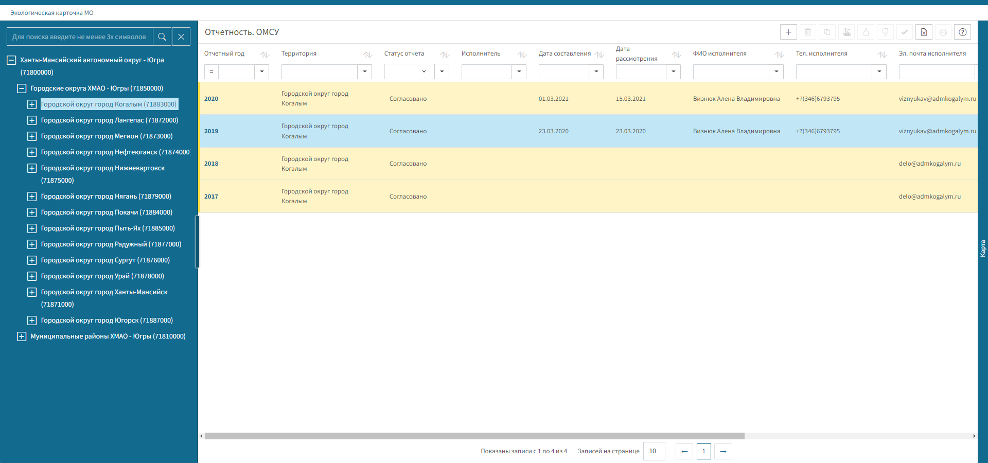 Отображение списка отчетов по выбранному МО