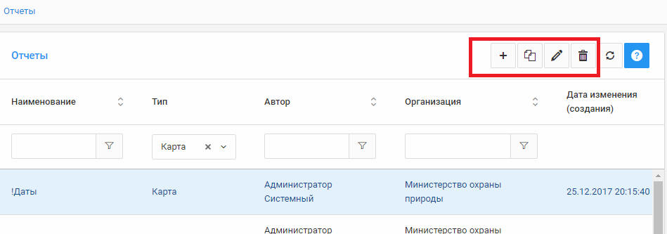 Панель управление составом отчетов