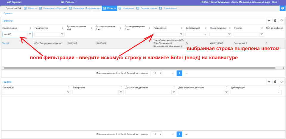 Фильтрация проектов и выбор записи о проекте