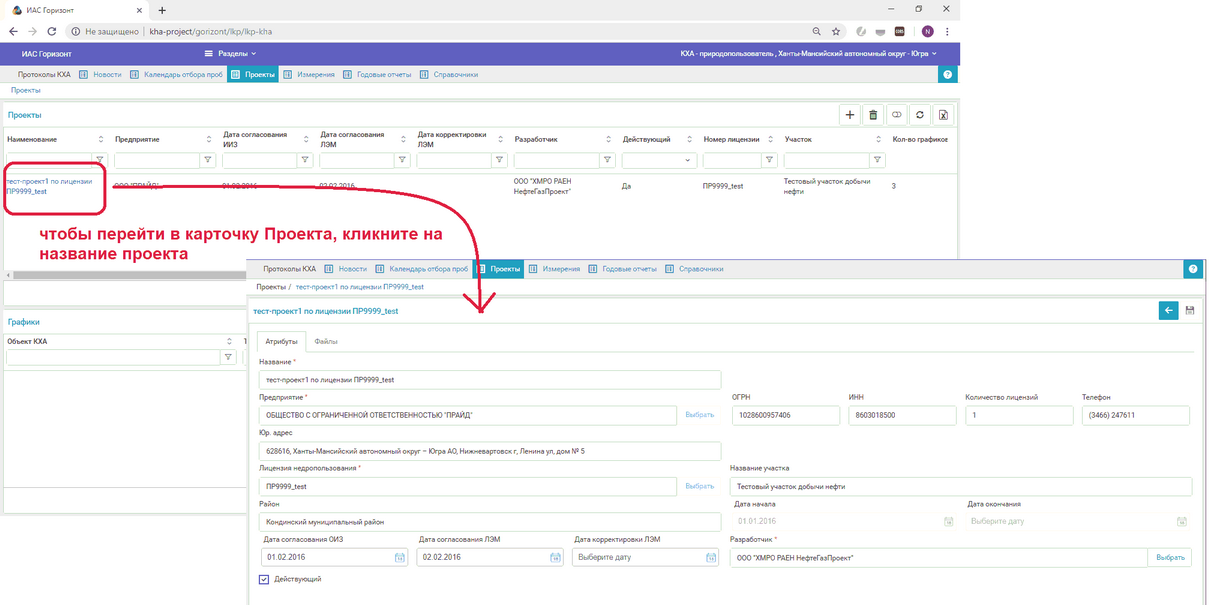 Раздел "Проекты". Переход в карточку проекта