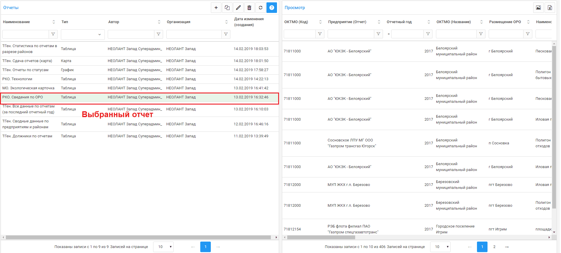 Строка с выбранным отчетом