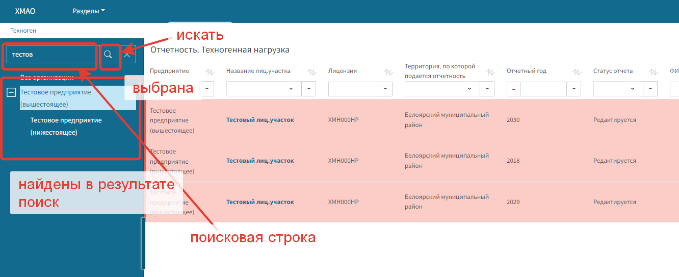 В поисковой строке введена часть названия организации и нажата кнопка поиска