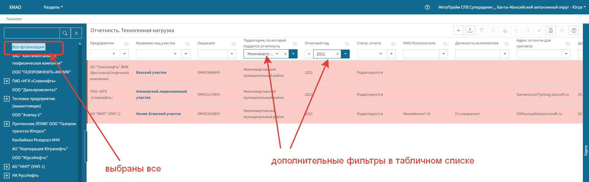 Список отчетов всех организаций, отфильтрованный по нескольким столбцам