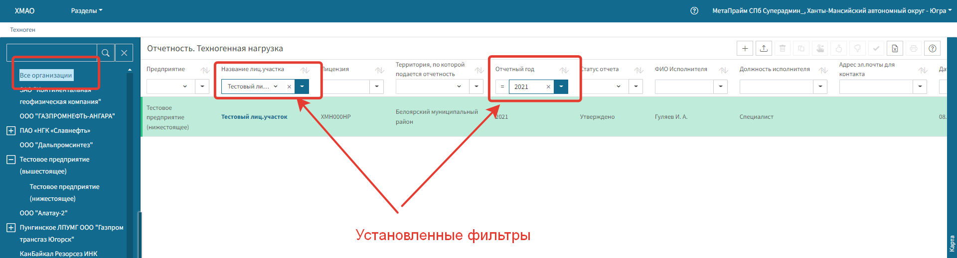 Пример отображения отчетности при выборе записи "Все организации"